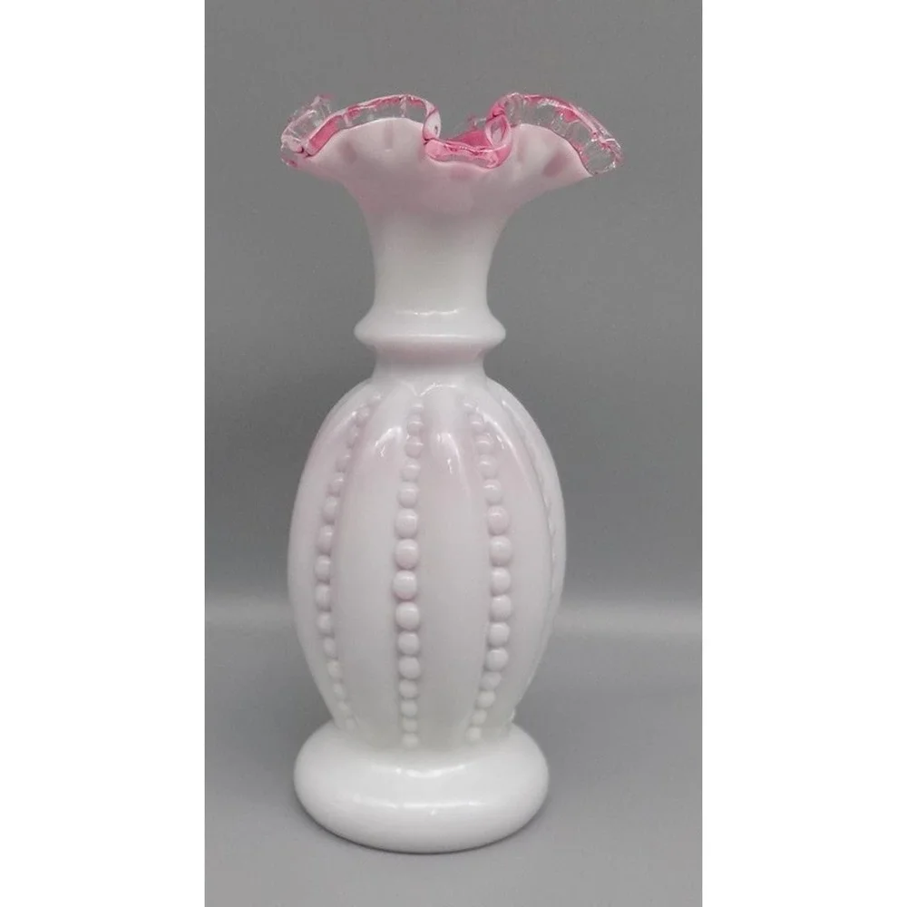 Rare Fenton Vase Peach Crest Double Crimped Beaded Melon 50's Cased 8 3/4